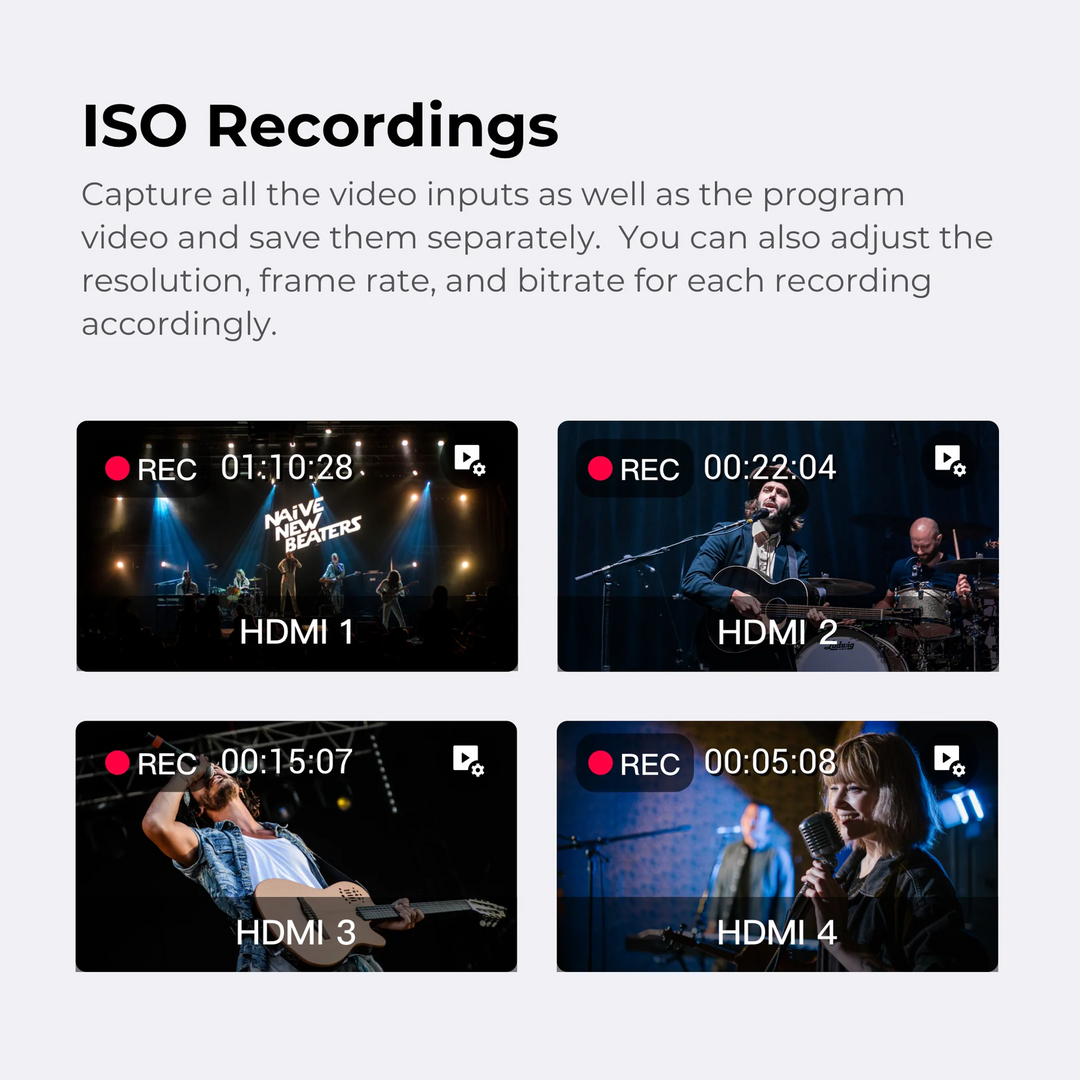 ISO Recordings feature with video inputs on a gray background