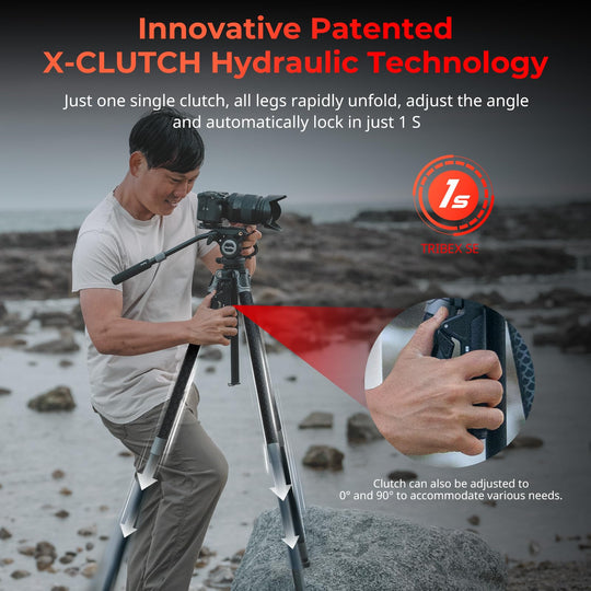 man using clutch of a tripod which can unfold rapidly