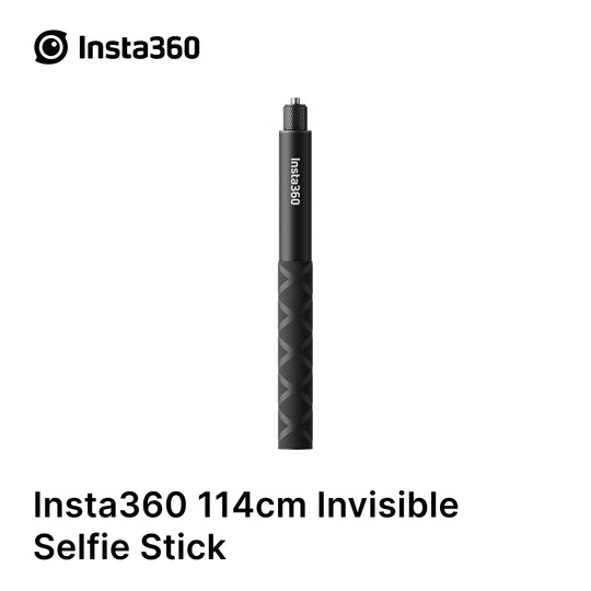 Insta360 114cm Invisible Selfie Stick in matte black with a textured grip, shown vertically on a white background with the Insta360 logo and product name.