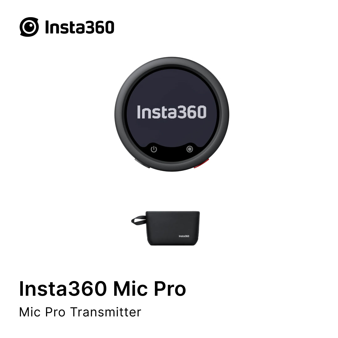 Insta360 Mic Pro transmitter with packaging on a white background