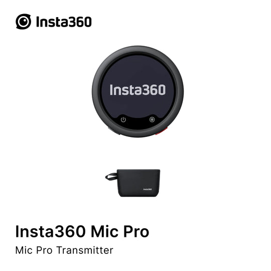 Insta360 Mic Pro transmitter with packaging on a white background