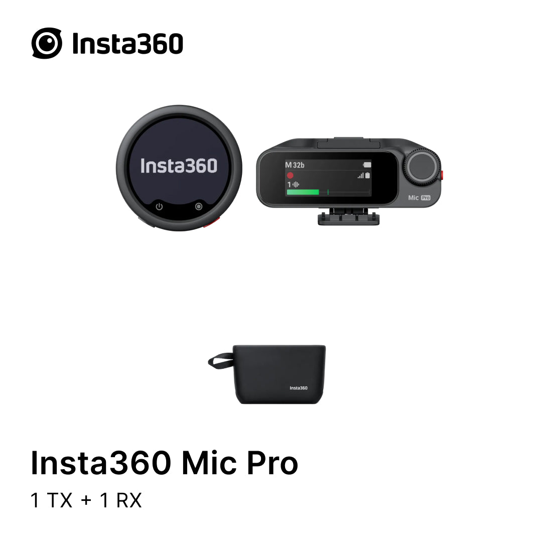 Insta360 Mic Pro set with TX and RX units on a white background