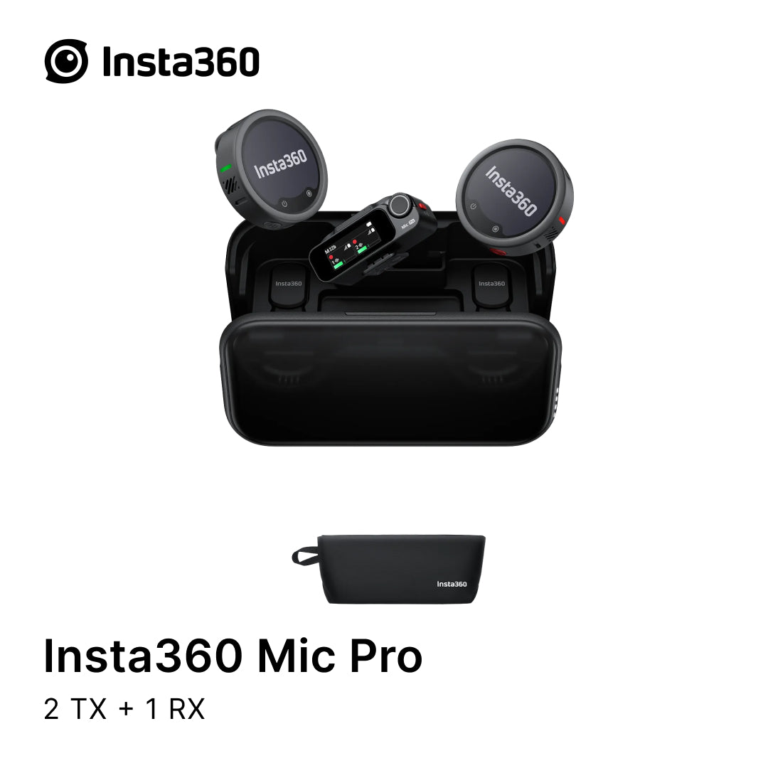 Insta360 Mic Pro with two TX and one RX units on a white background