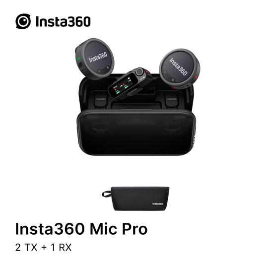 Insta360 Mic Pro with two TX and one RX units on a white background