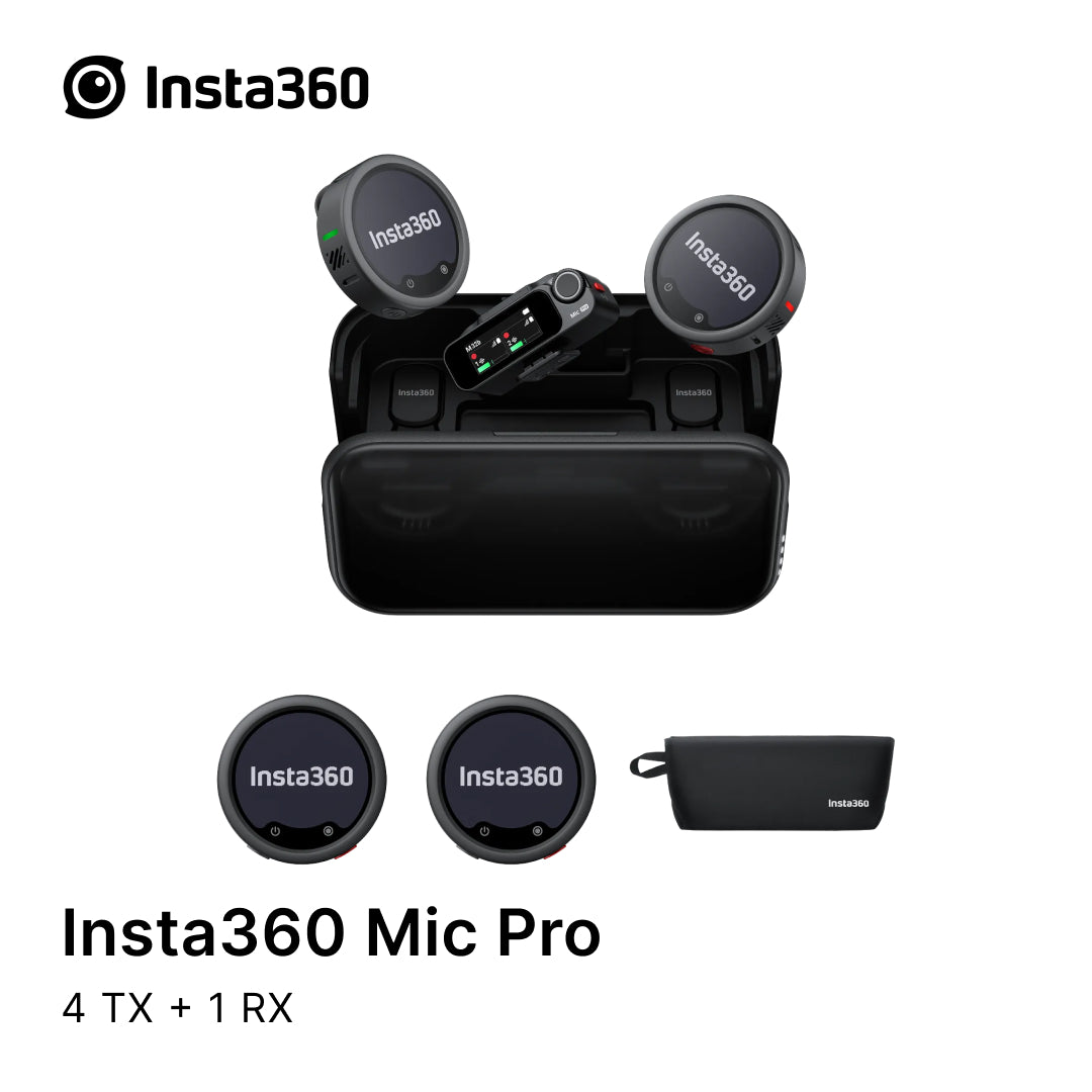 Insta360 Mic Pro set with transmitter and receiver on a white background