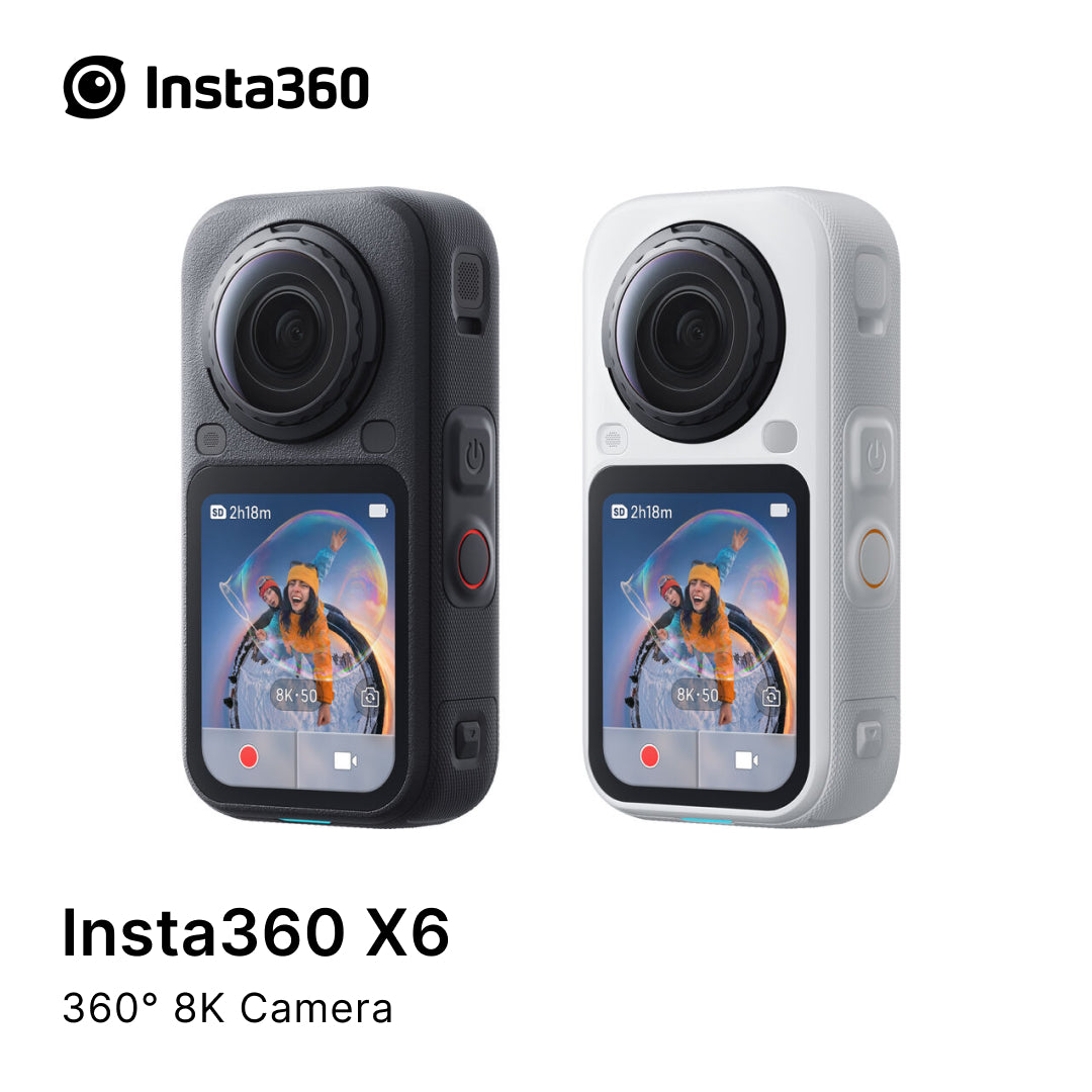 Two Insta360 X6 action cameras shown side by side on a white background, one in dark gray and one in light gray, with Insta360 branding and model text visible.