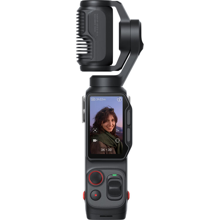 Insta360 Luna Ultra camera with screen displaying a person's face on a white background