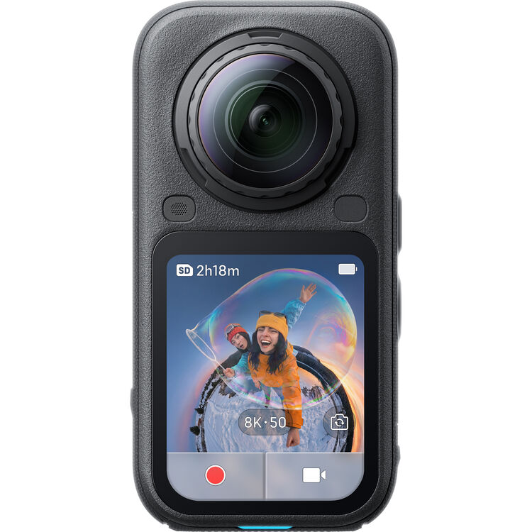 Insta360 X6 action camera with a large circular front lens and a rectangular color screen showing a selfie inside a bubble, isolated on a white background.