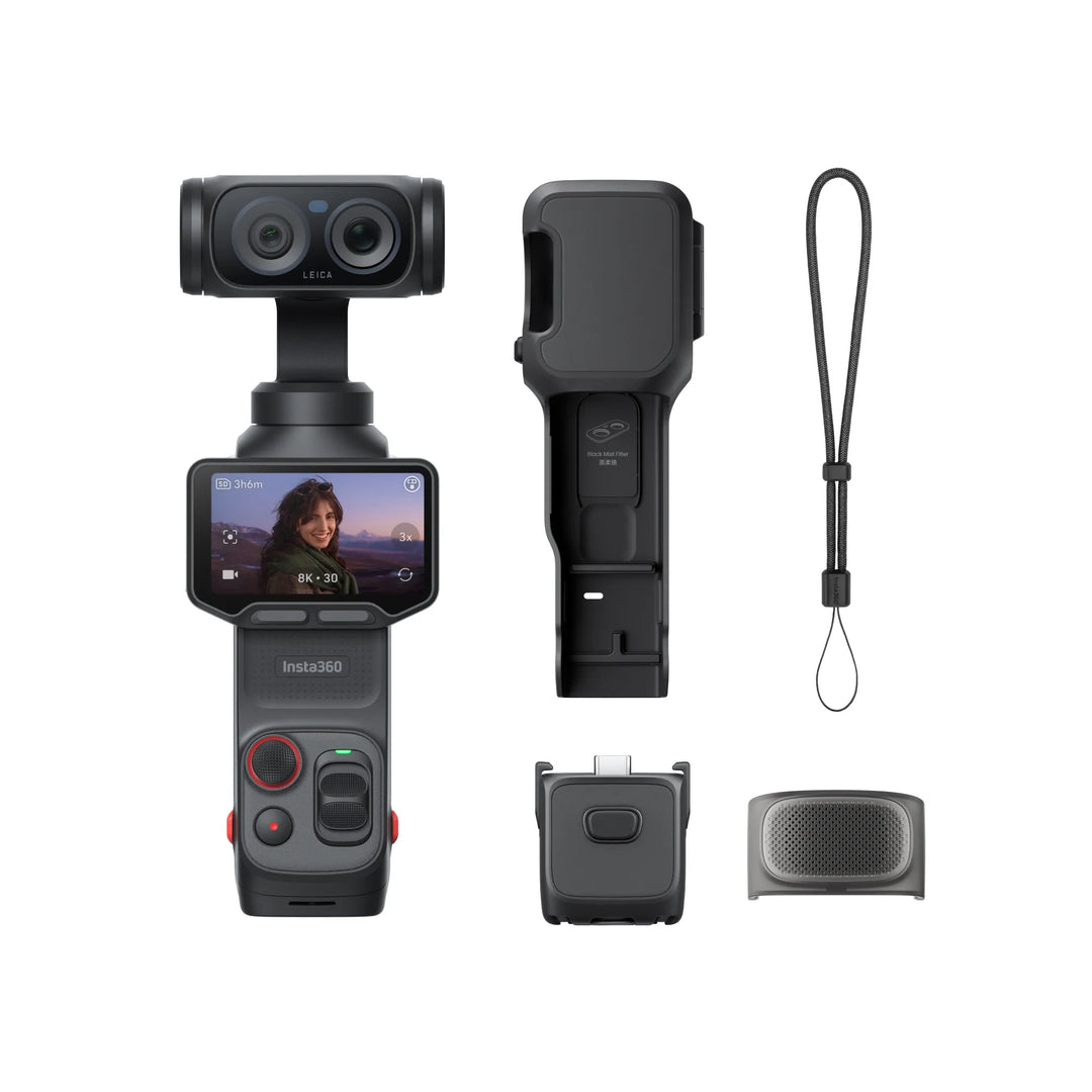 Insta360 camera and accessories on a white background