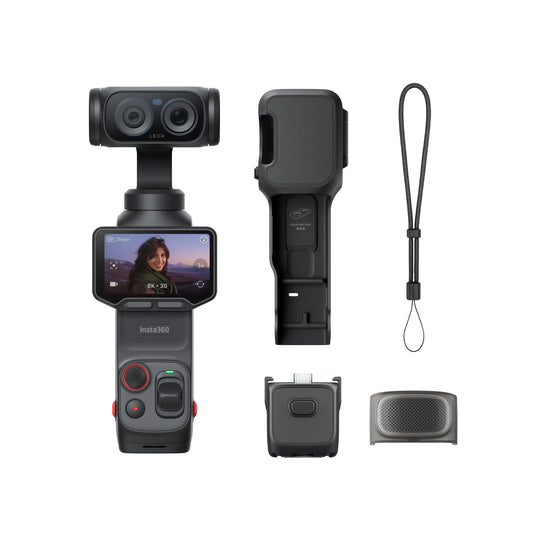 Insta360 camera and accessories on a white background
