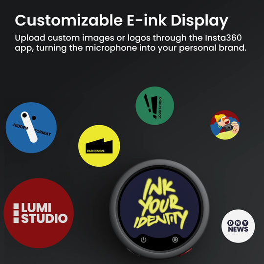 Insta360 mic pro with custom stickers and text 'Customizable E-ink Display'