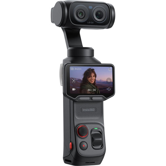 Action camera with screen displaying a person's face on a white background