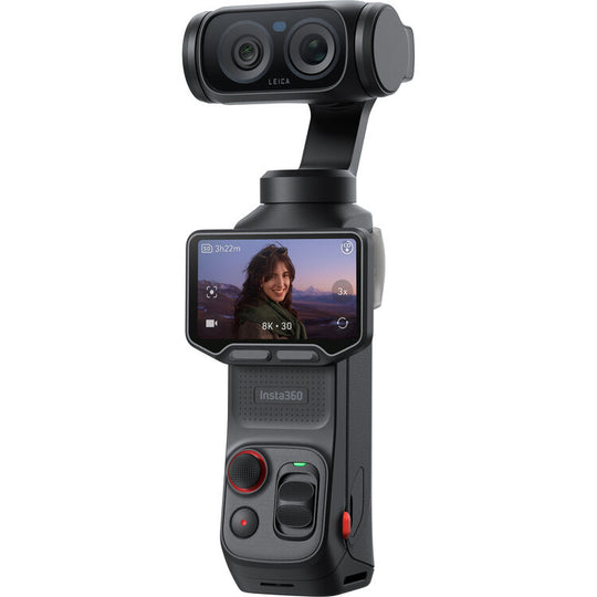 Handheld camera with screen displaying a person's face on a white background