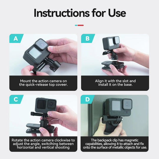 Step-by-step instructions for mounting an action camera on a base with a backpack clip.