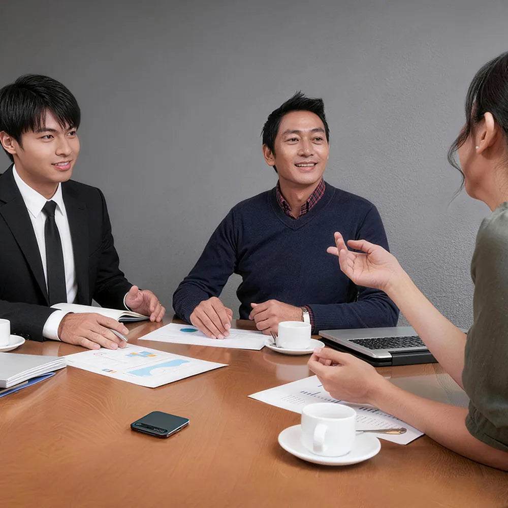 Three people in a professional setting with documents and coffee cups on a table.