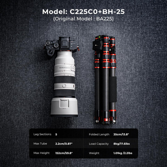 K&F Concept Carbon Fiber Camera Tripod Lightweight Ball Head & Detachable Monopod 1.5m C225C0+BH-25