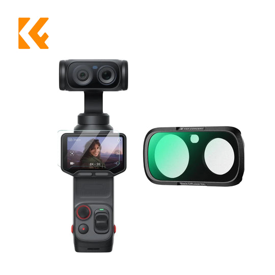 A handheld gimbal camera shown from the front with a screen protector applied, alongside a separate rectangular lens protector cover with green-tinted circular lenses, on a white background. An orange stylized &