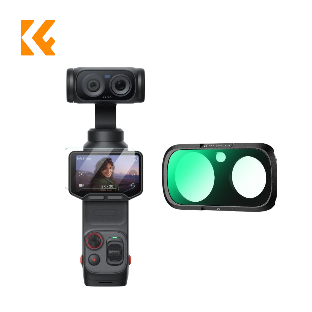 A handheld gimbal camera shown with a clear screen protector on the front, alongside a matching clear lens protector sheet for the gimbal&