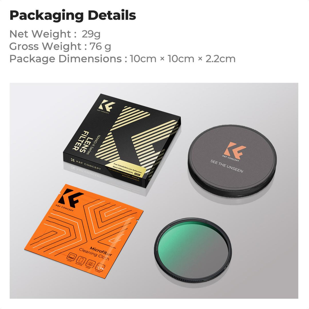 K&amp;F Concept K-Mount 47mm Movie Filter with its packaging, shown on a light gray background with product specifications listed at the top. The set includes a black and gold filter box, an orange filter pouch, and a round filter lens with a green-to-gray gradient.