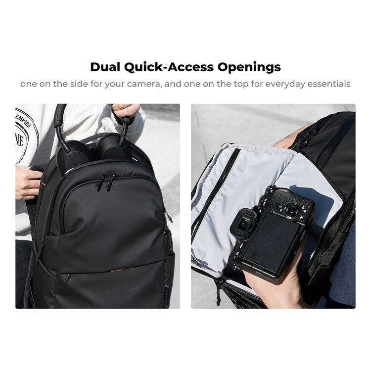 A black backpack shown in two inset photos with text above reading &