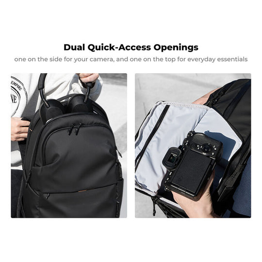 A black backpack shown in two inset photos with text above reading &