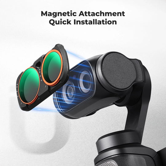 A close-up of a black gimbal camera accessory with two green-tinted magnetic lens filters shown in an exploded view, with blue light effects and the text &