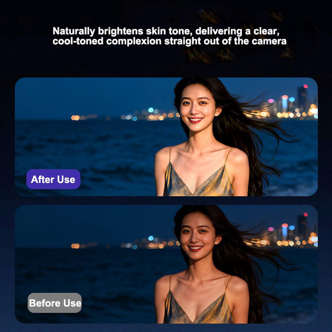 Before and after comparison showing a woman outdoors at dusk with the text &