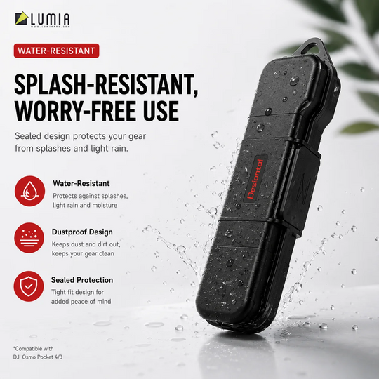 A black waterproof pouch shown on a light gray background with water droplets, surrounded by marketing text and icons for water resistance, dustproof design, and sealed protection. The brand name &