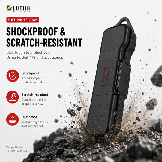 LUMIA black shockproof and scratch-resistant Osmo Pocket 4/3 and accessories protector case, shown on a white background with dark debris splashing around it, with text highlighting its protective features.