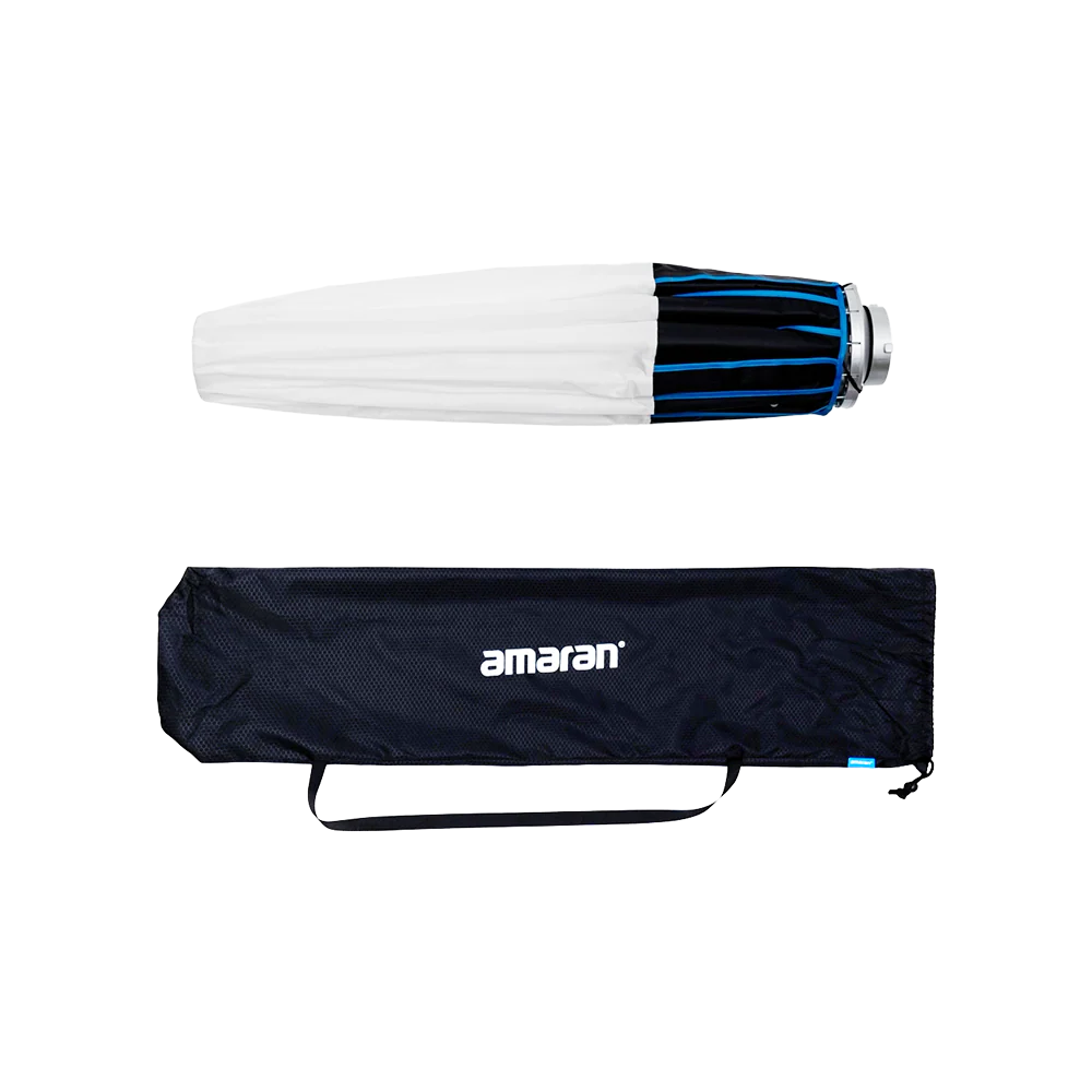 Light modifier with blue interior and white exterior, accompanied by a black carrying case with 'amaran' branding on a white background.