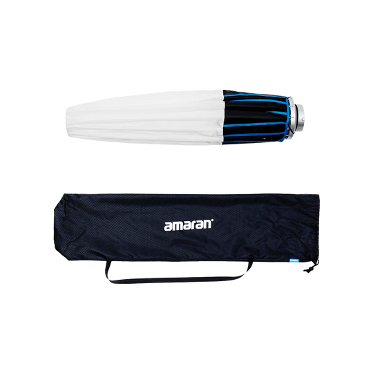 Light modifier with blue interior and white exterior, accompanied by a black carrying case with 'amaran' branding on a white background.