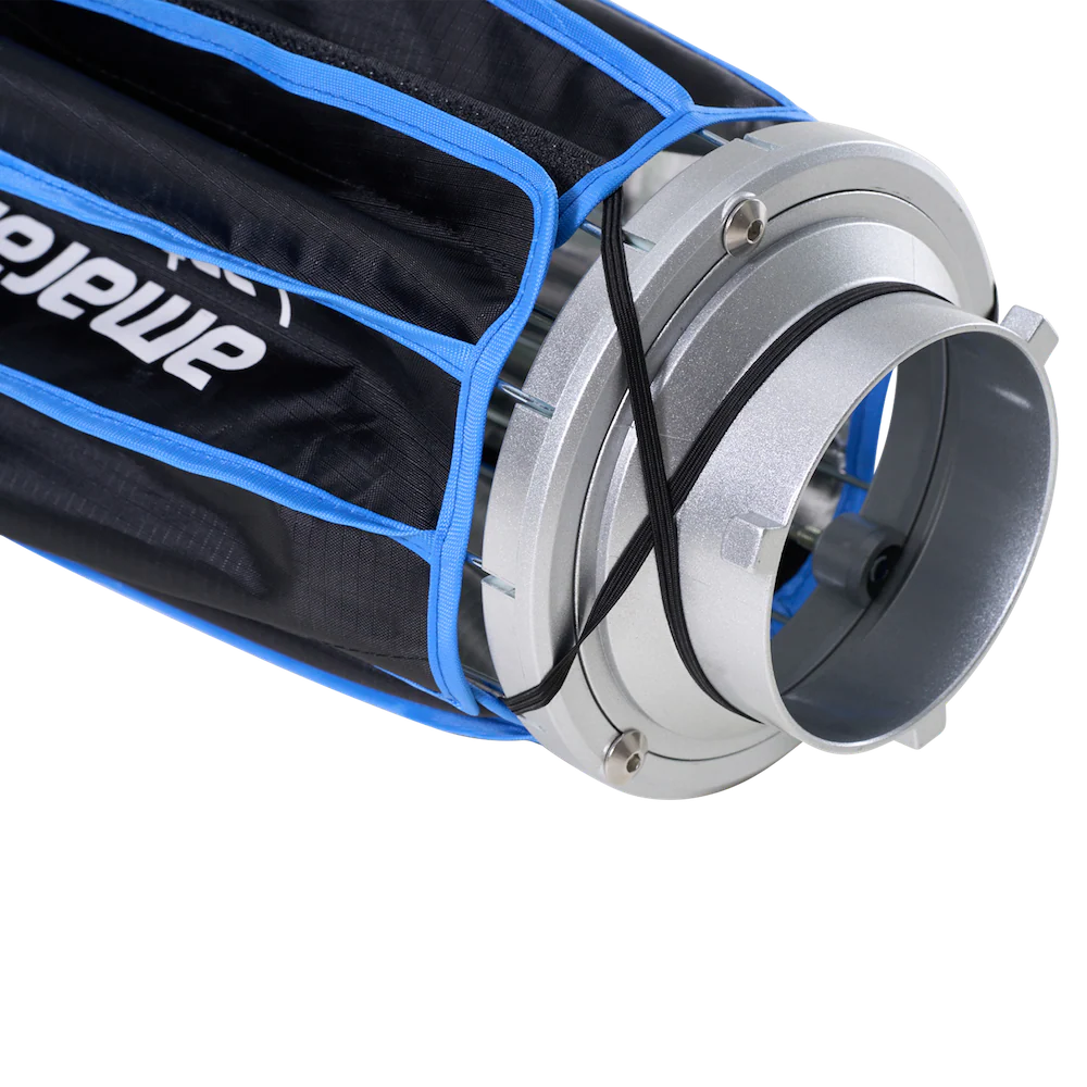 Close-up of a softbox with a black sleeve and blue trim, featuring the brand 'amaran'.
