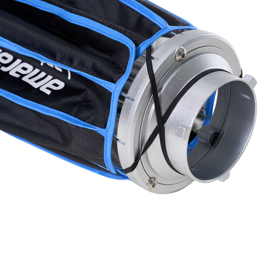 Close-up of a softbox with a black sleeve and blue trim, featuring the brand 'amaran'.