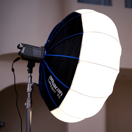 Studio light with a softbox diffuser on a stand against a neutral background