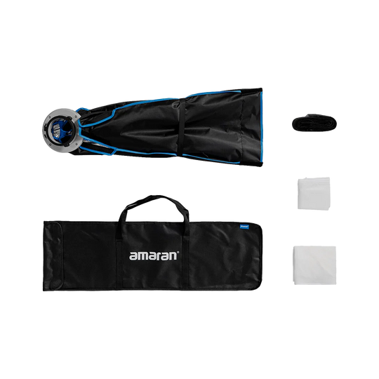 Black and blue photography equipment with 'amaran' branding on a white background