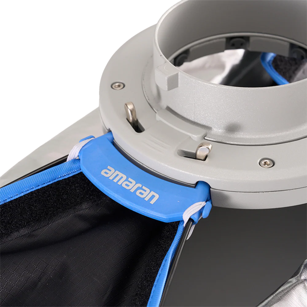 Close-up of a softbox with 'amaran' branding on a white background
