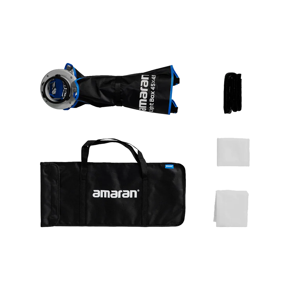 Amaran Light Box set including a soft box, diffuser, and carrying case on a white background.