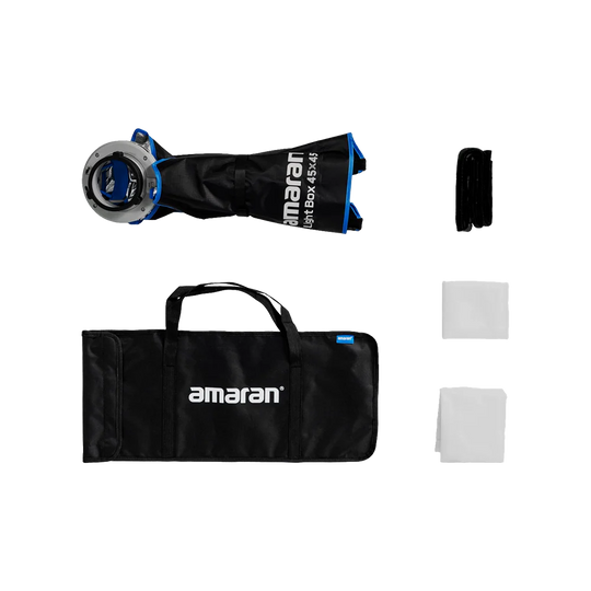 Amaran Light Box set including a soft box, diffuser, and carrying case on a white background.