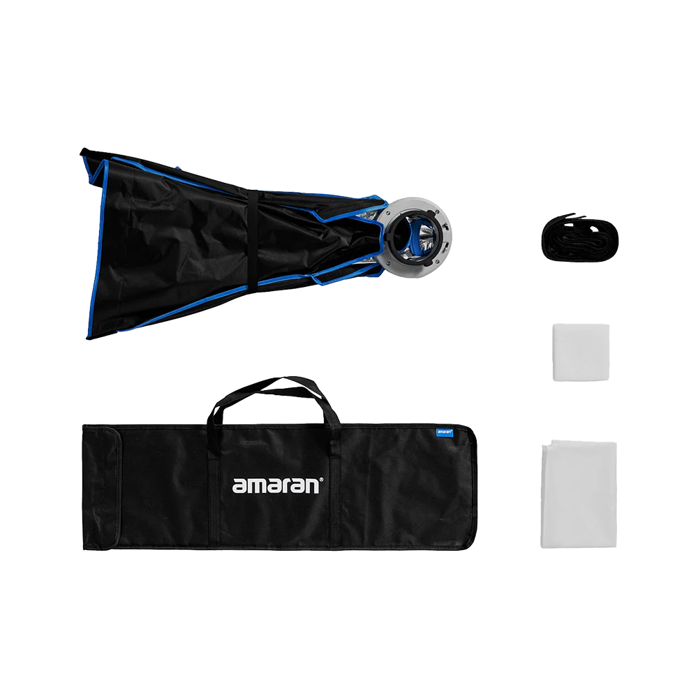 Amaran photography equipment set with softbox, reflectors, and carrying case on a white background