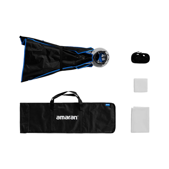 Amaran photography equipment set with softbox, reflectors, and carrying case on a white background