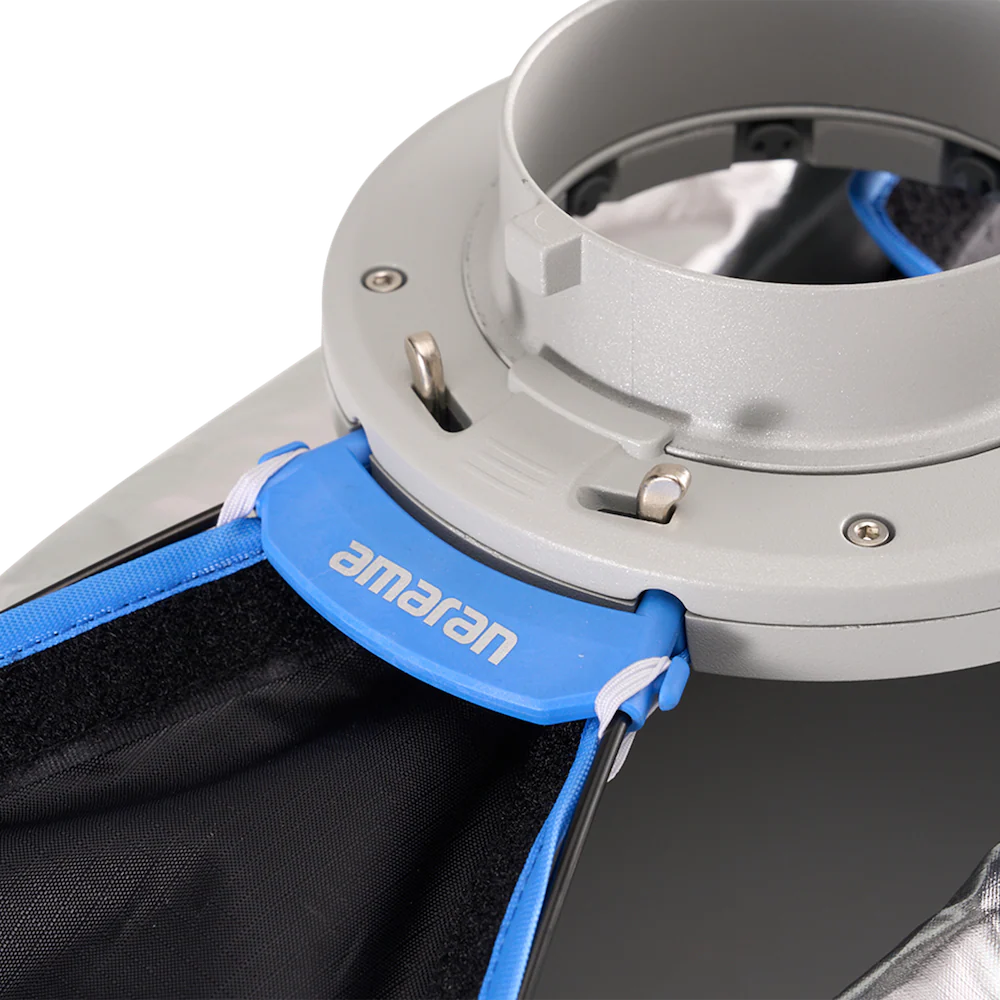 Close-up of a softbox with a blue strap labeled 'amaran' on a white background