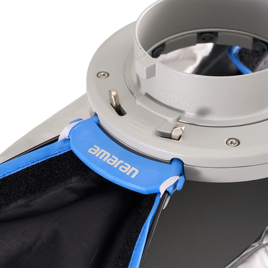 Close-up of a softbox with a blue strap labeled 'amaran' on a white background