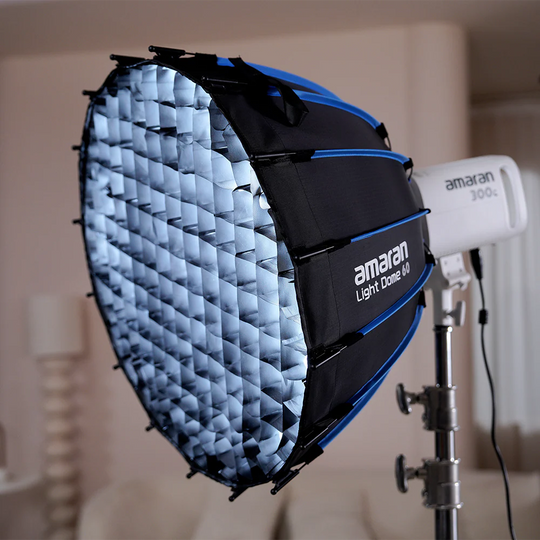 Amaran light dome softbox on a stand with a blurred background
