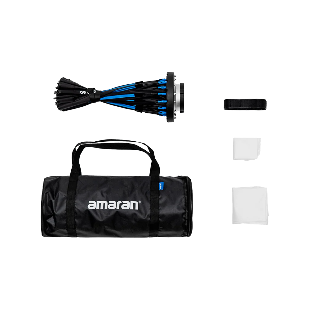 Amaran light dome 60 kit with bag, cables, and accessories on a white background