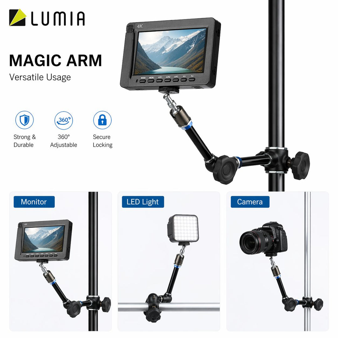 Lumia Magic Arm with monitor, LED light, and camera attachments on a white background