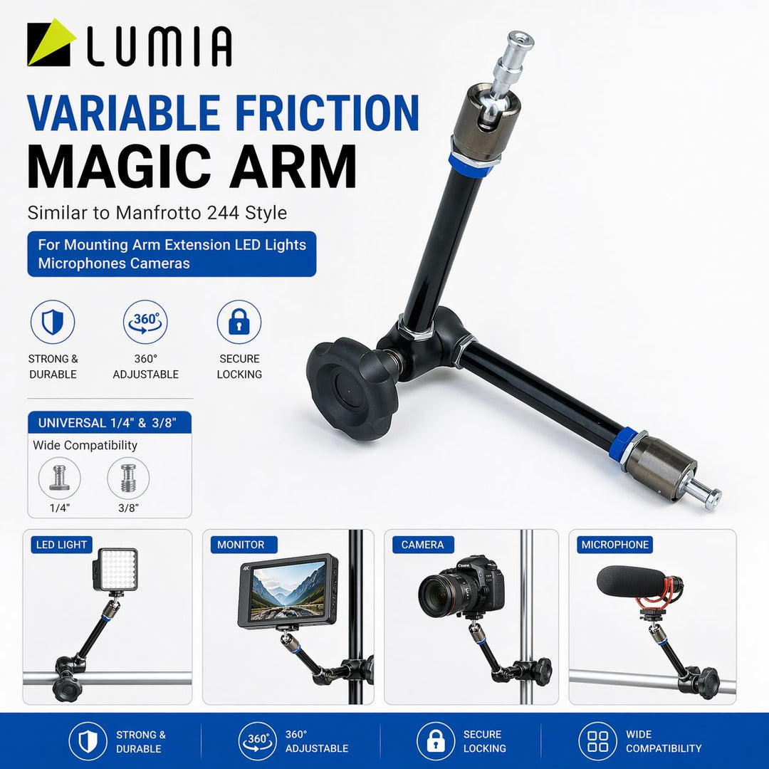 Lumia Variable Friction Magic Arm with features and compatibility on a white background