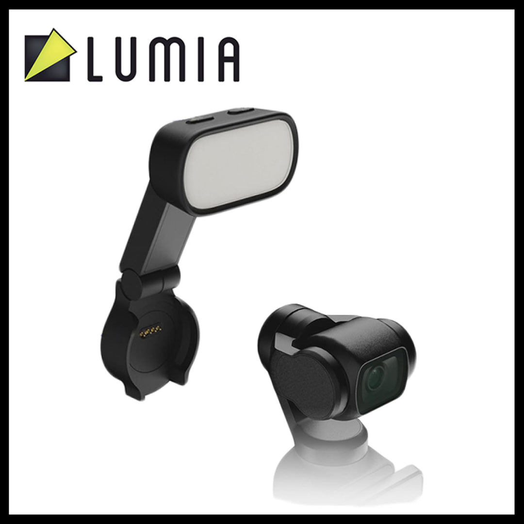 LUMIA brand dual camera accessory set on a white background, featuring a black rectangular light panel with a white diffuser and a black camera lens module, shown from two angles with the LUMIA logo in the top left corner.
