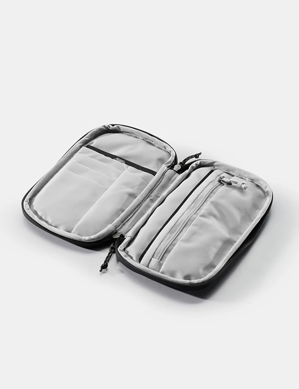 Open travel case with clear front panel on a white background