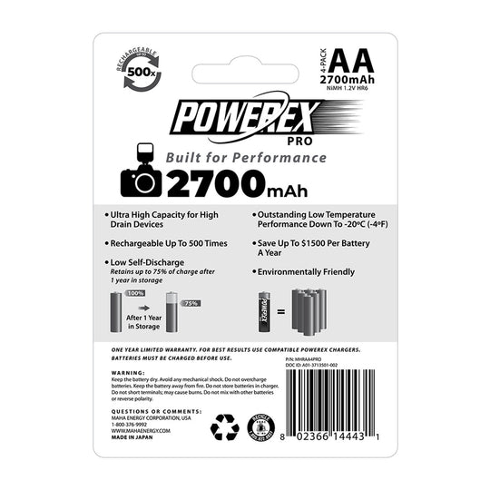 Powerex Pro 预充电 AA 可充电镍氢电池 2700mAh（4 块装） 