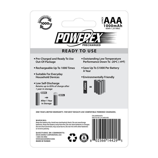 MAHA Powerex Precharged Rechargeable Ni-MH 1000mAh AAA Batteries (4-pack)